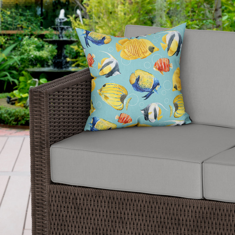 Reef Pattern Sea Blue Water Resistant Garden Outdoor Cushion - Handmade Homeware, Made in Britain - Windsor and White