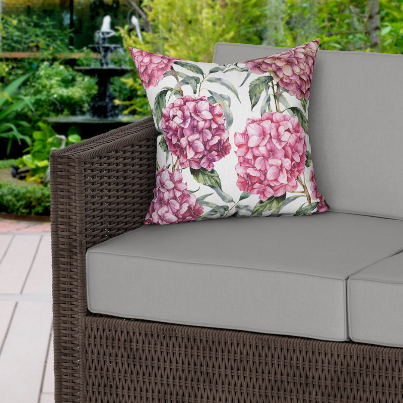 Pink Hydrangeas White Water Resistant Garden Outdoor Cushion - Handmade Homeware, Made in Britain - Windsor and White