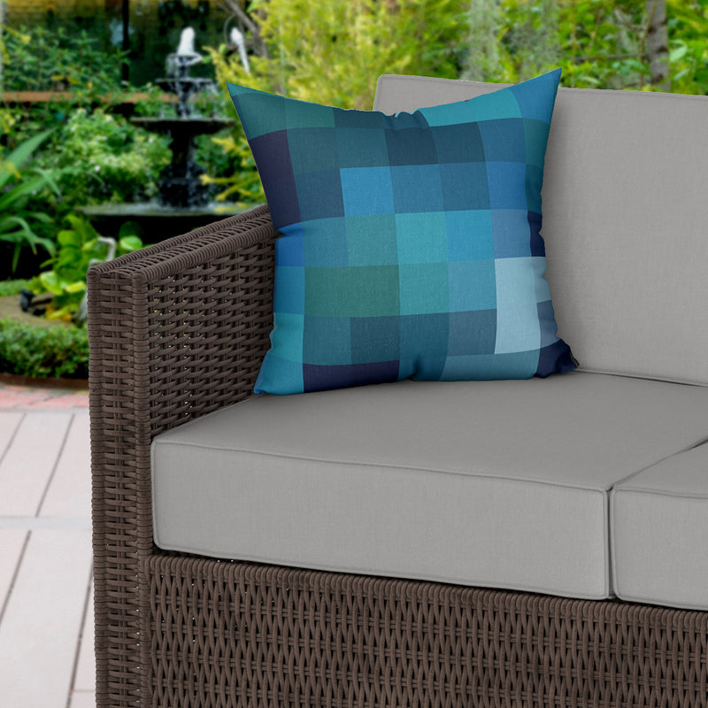 Blue Tones Pixel Print Water Resistant Garden Outdoor Cushion - Handmade Homeware, Made in Britain - Windsor and White