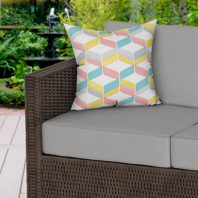 Bright Retro Geometric Water Resistant Garden Outdoor Cushion - Handmade Homeware, Made in Britain - Windsor and White