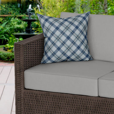 Grey Blue Modern Tartan Water Resistant Garden Outdoor Cushion - Handmade Homeware, Made in Britain - Windsor and White