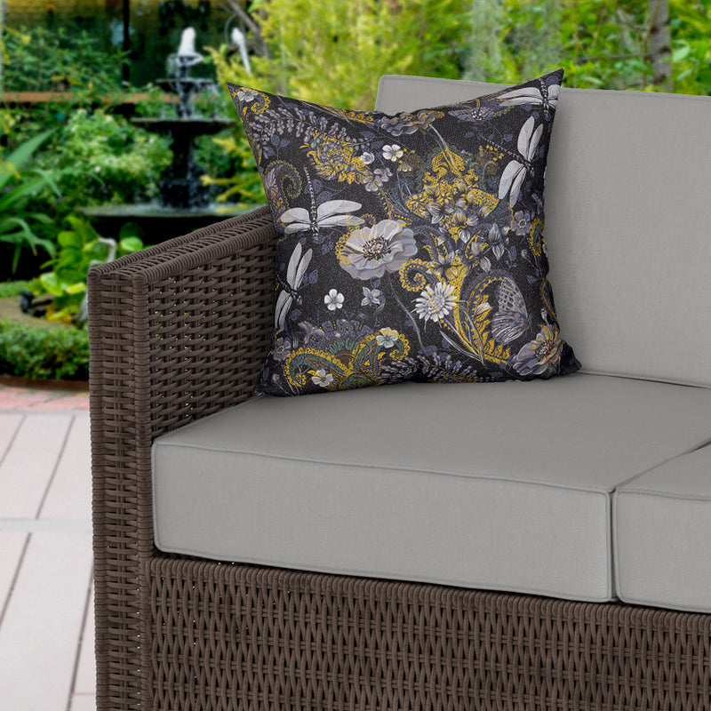 Dragonfly Dark Floral Water Resistant Garden Outdoor Cushion - Handmade Homeware, Made in Britain - Windsor and White