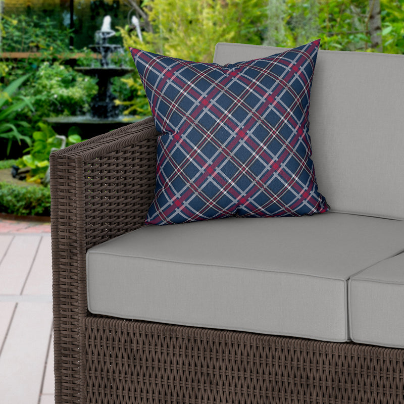 Navy Blue Mulberry Plaid Water Resistant Garden Outdoor Cushion - Handmade Homeware, Made in Britain - Windsor and White