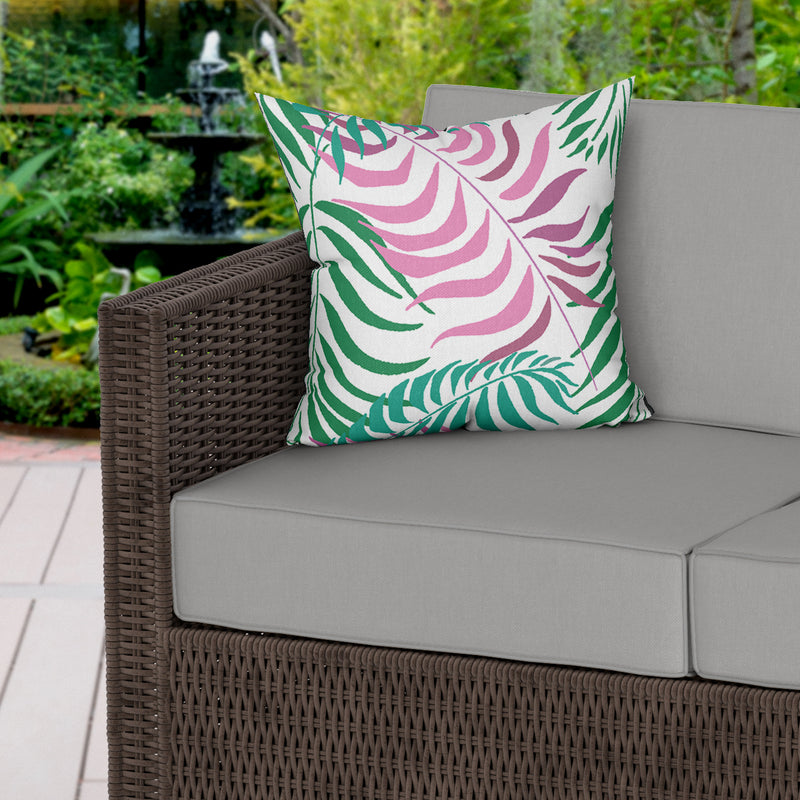 Tropical Palm Leaves White Water Resistant Garden Outdoor Cushion - Handmade Homeware, Made in Britain - Windsor and White