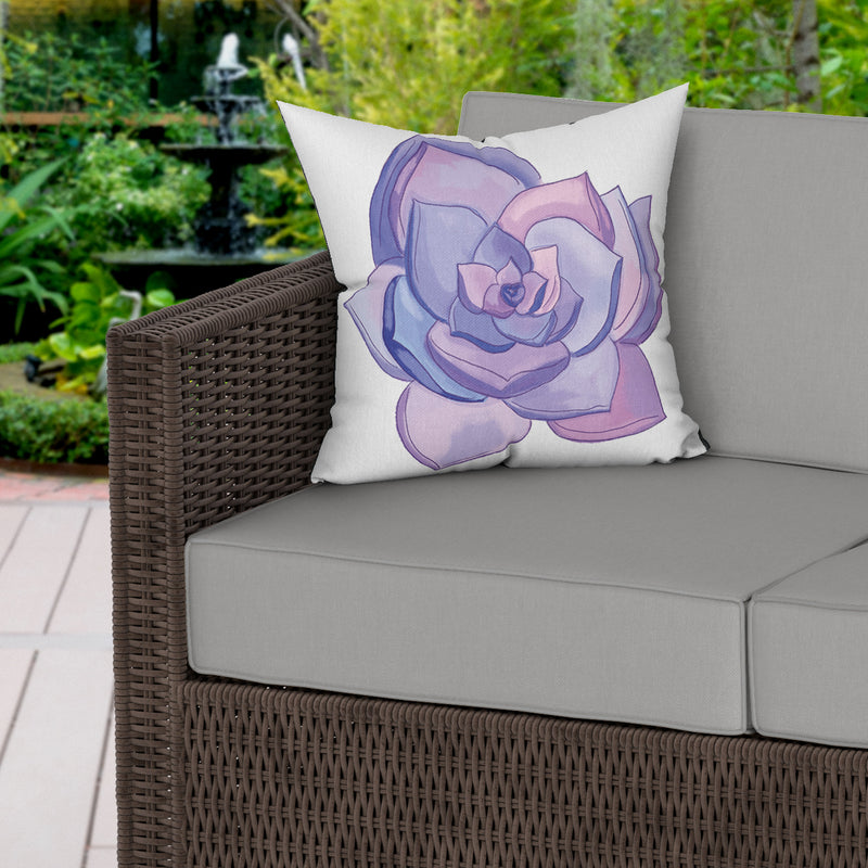 Purple Succulent White Water Resistant Garden Outdoor Cushion - Handmade Homeware, Made in Britain - Windsor and White