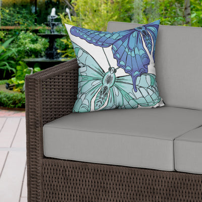 Blue Butterflies Water Resistant Garden Outdoor Cushion - Handmade Homeware, Made in Britain - Windsor and White