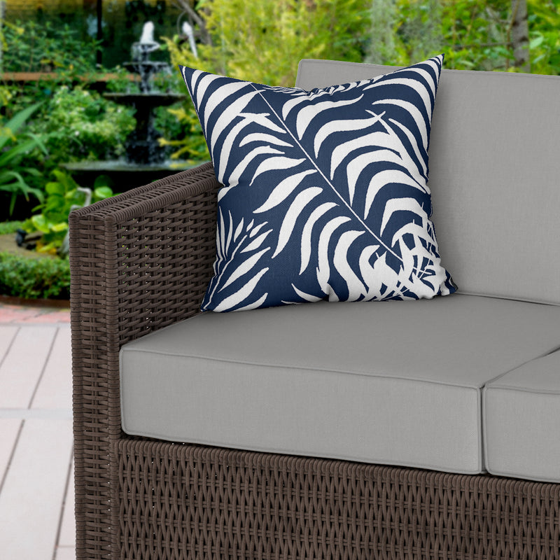 Palm Leaves Dark Blue Water Resistant Garden Outdoor Cushion - Handmade Homeware, Made in Britain - Windsor and White