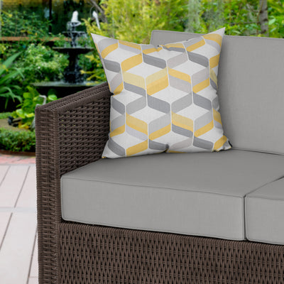 Grey Yellow Retro Geometric Water Resistant Garden Outdoor Cushion - Handmade Homeware, Made in Britain - Windsor and White