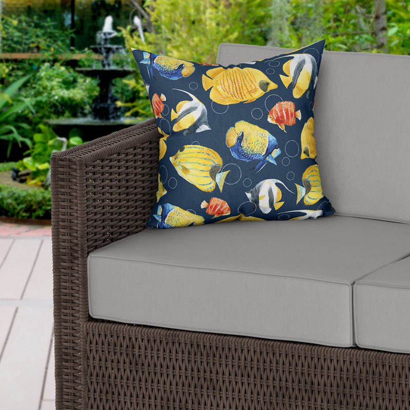 Reef Pattern Navy Blue Water Resistant Garden Outdoor Cushion - Handmade Homeware, Made in Britain - Windsor and White