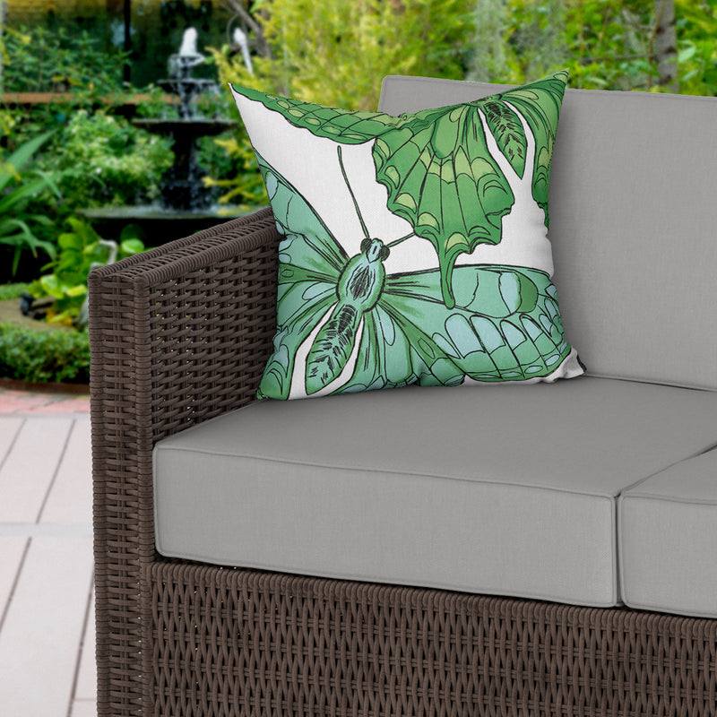 Green Butterflies Water Resistant Garden Outdoor Cushion - Handmade Homeware, Made in Britain - Windsor and White
