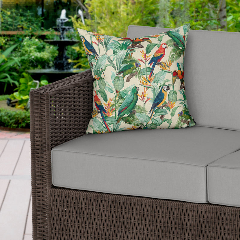 Tropical Birds Beige Water Resistant Garden Outdoor Cushion - Handmade Homeware, Made in Britain - Windsor and White