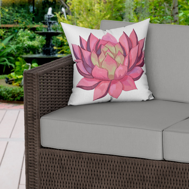 Pink Succulent White Water Resistant Garden Outdoor Cushion - Handmade Homeware, Made in Britain - Windsor and White