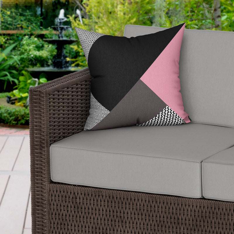 Modern Block Black Pink Water Resistant Garden Outdoor Cushion - Handmade Homeware, Made in Britain - Windsor and White