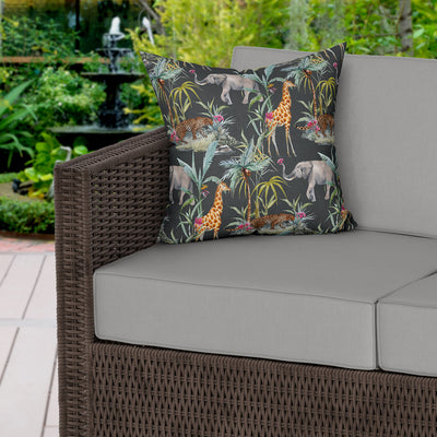 Tropical Safari Charcoal Water Resistant Garden Outdoor Cushion - Handmade Homeware, Made in Britain - Windsor and White