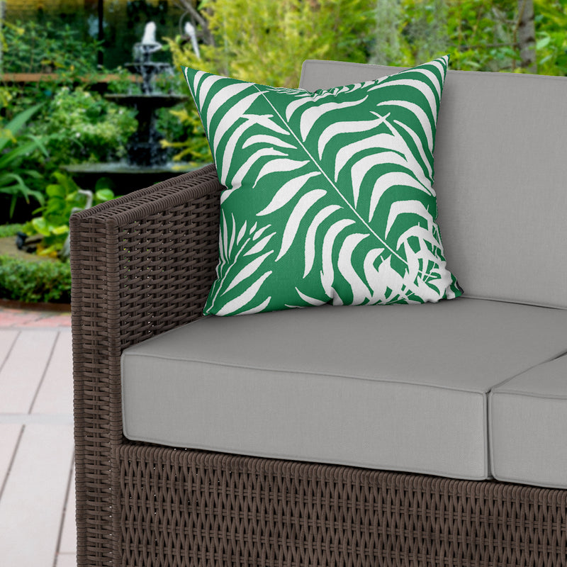 Palm Leaves On Green Water Resistant Garden Outdoor Cushion - Handmade Homeware, Made in Britain - Windsor and White