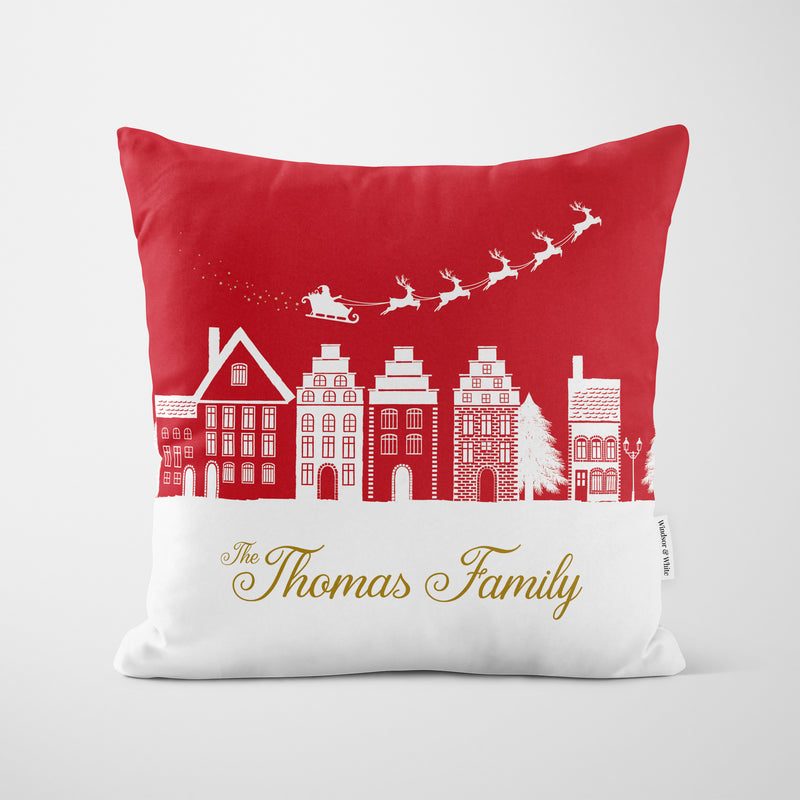 Personalised Red Village Christmas Cushion