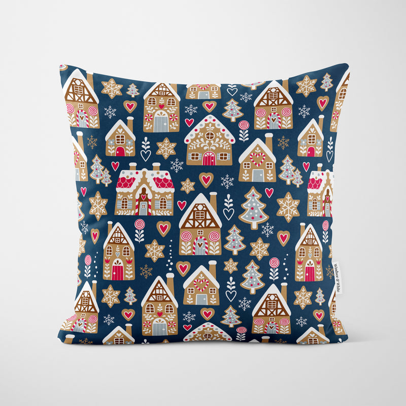 Blue Gingerbread House Christmas Cushion