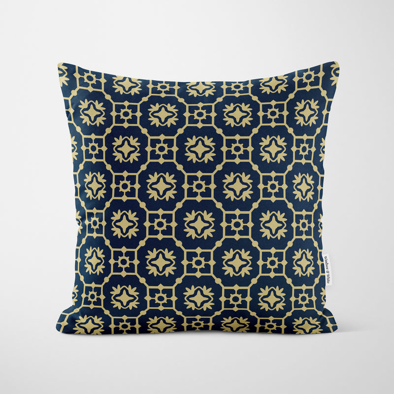 Navy Gold Moroccan Tiles Cushion - Handmade Homeware, Made in Britain - Windsor and White