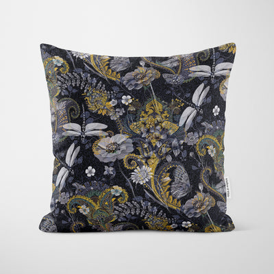 Dragonfly Dark Floral Cushion - Handmade Homeware, Made in Britain - Windsor and White