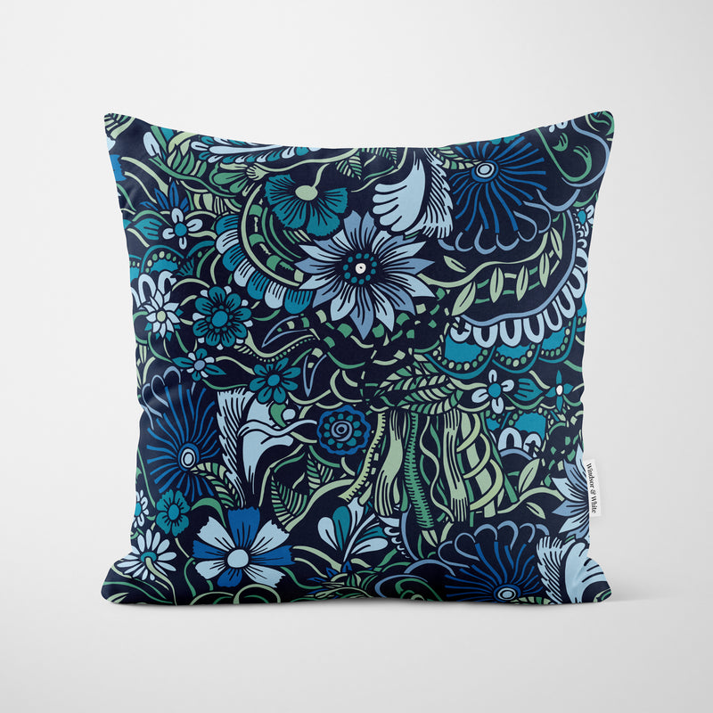 Botanical Blue Quirky Floral Cushion - Handmade Homeware, Made in Britain - Windsor and White