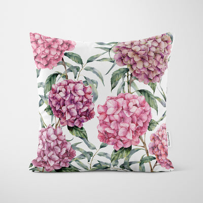 Pink Hydrangeas White Cushion - Handmade Homeware, Made in Britain - Windsor and White
