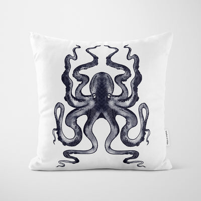 Blue Octopus Print White Cushion - Handmade Homeware, Made in Britain - Windsor and White