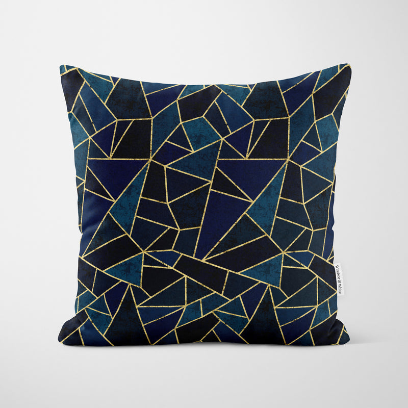 Blue Geometric Tile Cushion - Handmade Homeware, Made in Britain - Windsor and White