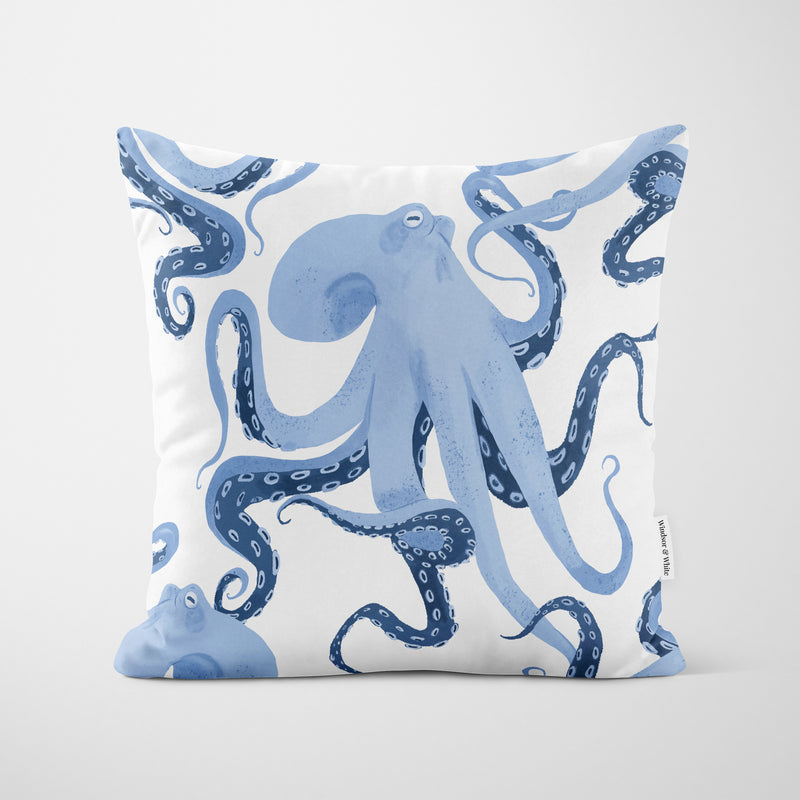 Blue White Painted Octopus Cushion - Handmade Homeware, Made in Britain - Windsor and White
