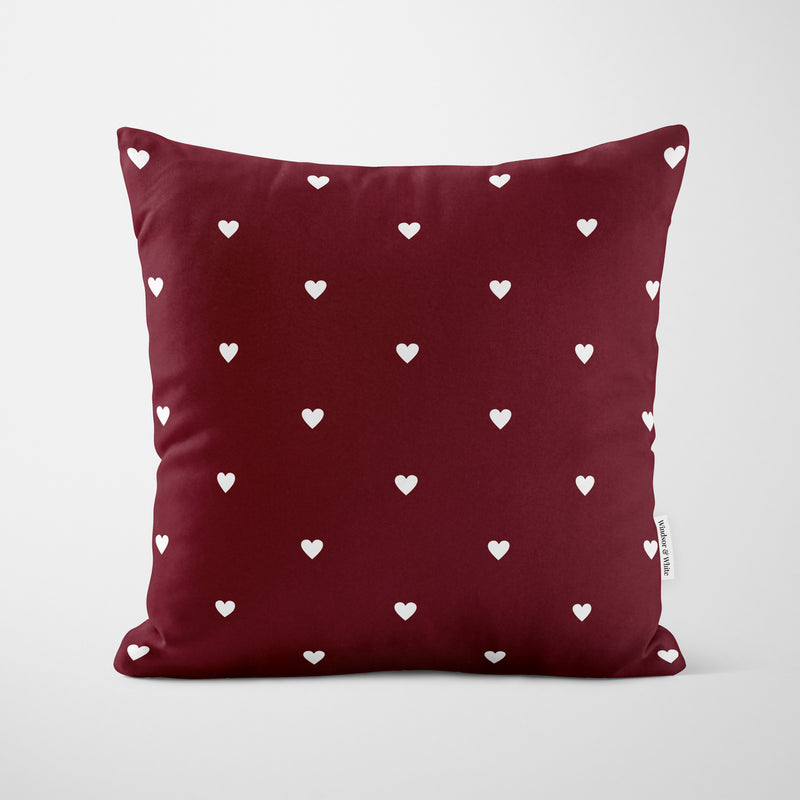 Maroon Polka Dot Hearts Cushion - Handmade Homeware, Made in Britain - Windsor and White