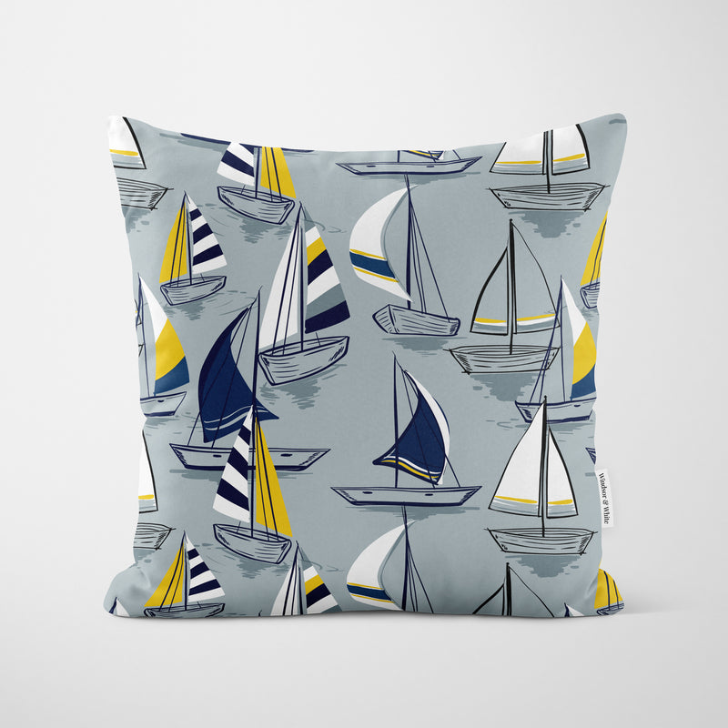 Grey Nautical Sailboats Cushion - Handmade Homeware, Made in Britain - Windsor and White