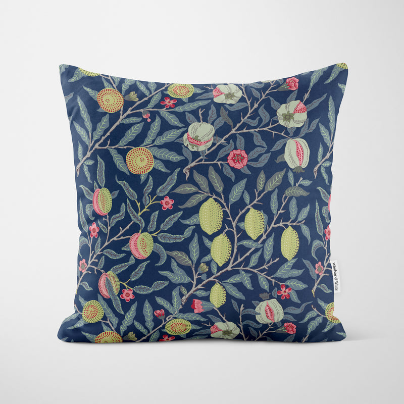 William Morris Fruit Print Vibrant Navy Cushion - Handmade Homeware, Made in Britain - Windsor and White