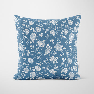 Blue Rose Stencil Pattern Cushion - Handmade Homeware, Made in Britain - Windsor and White