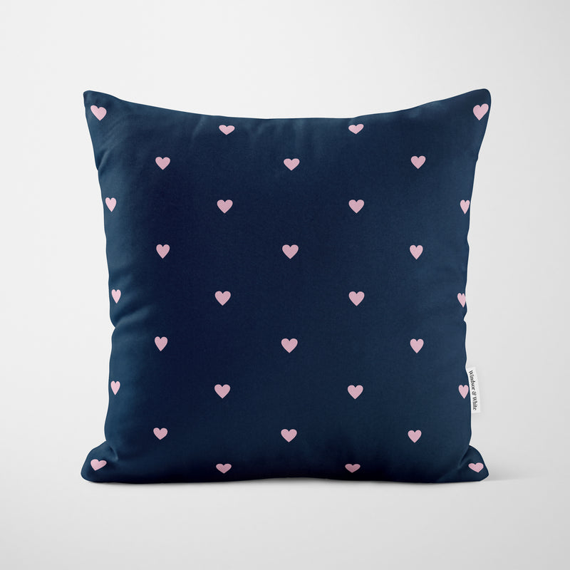 Navy Pink Polka Dot Hearts Cushion - Handmade Homeware, Made in Britain - Windsor and White