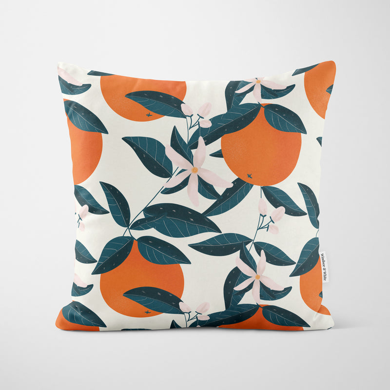 Orange Tree Flower Print White Cushion - Handmade Homeware, Made in Britain - Windsor and White