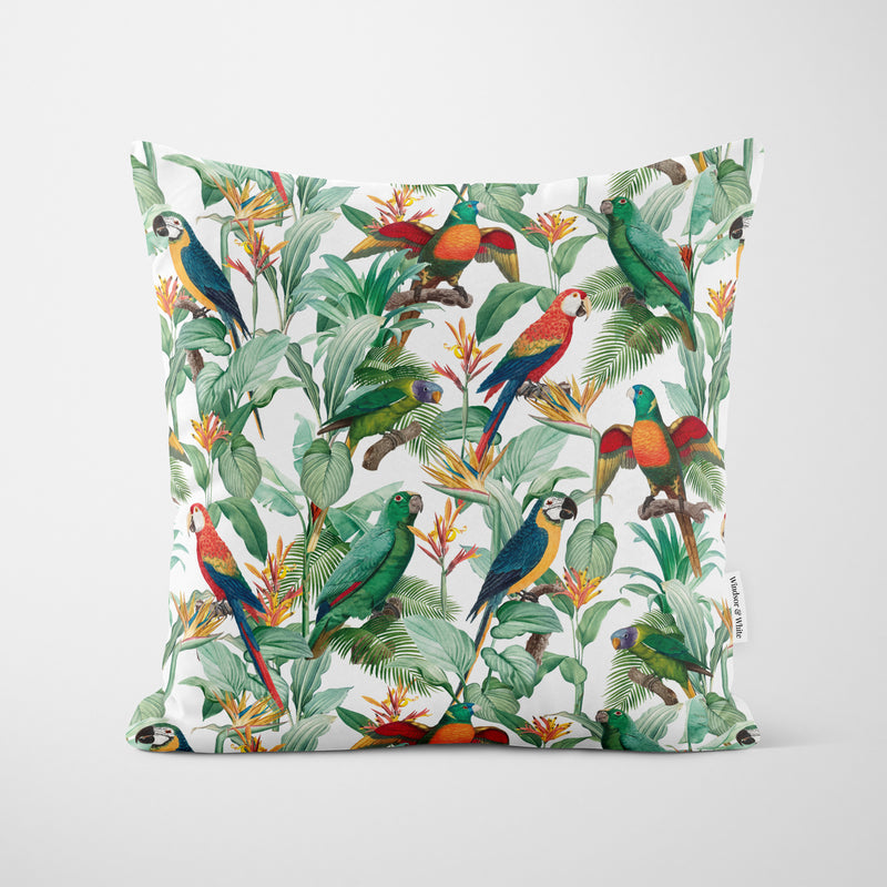 Tropical Birds White Cushion - Handmade Homeware, Made in Britain - Windsor and White