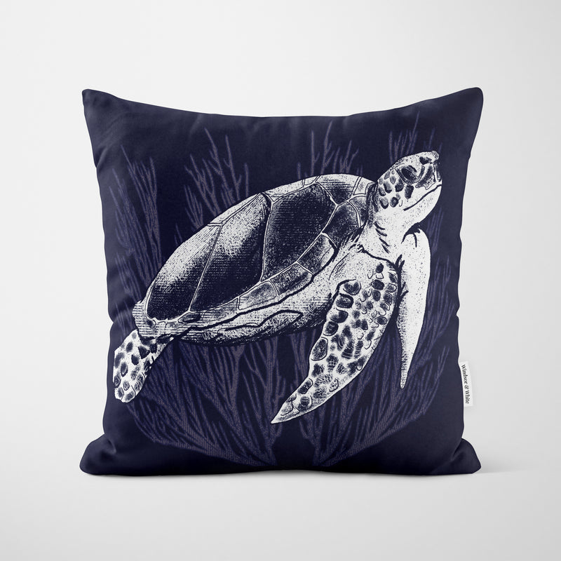 White Turtle Print Blue Cushion - Handmade Homeware, Made in Britain - Windsor and White