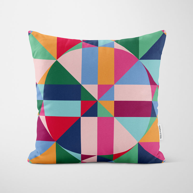 Retro Colourful Tile Circle Cushion - Handmade Homeware, Made in Britain - Windsor and White