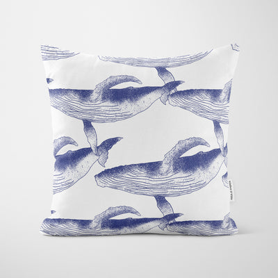 Blue Whales Pattern White Cushion - Handmade Homeware, Made in Britain - Windsor and White