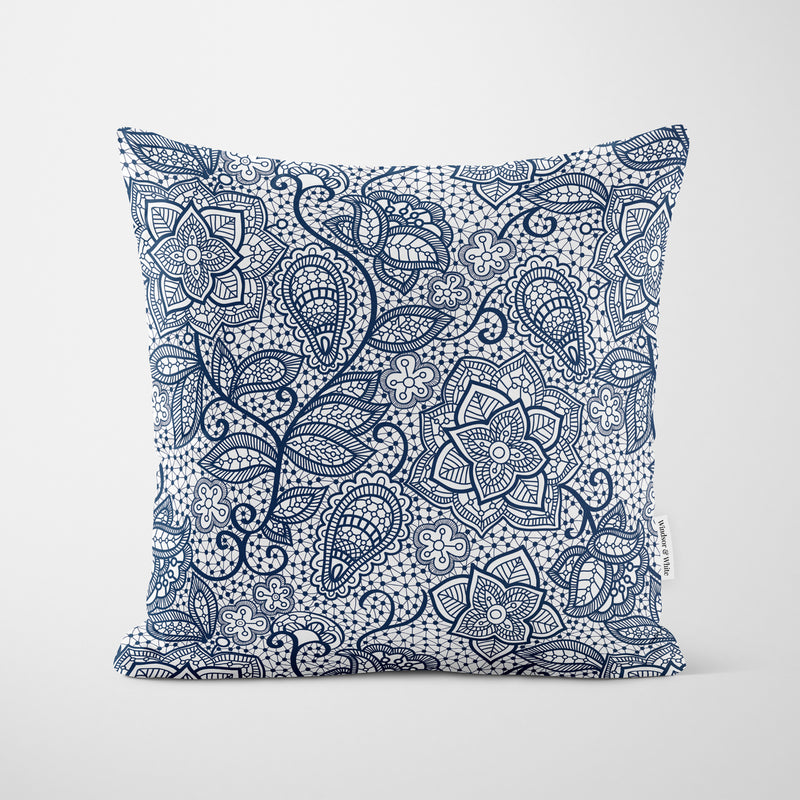 Navy White Floral Lace Cushion - Handmade Homeware, Made in Britain - Windsor and White