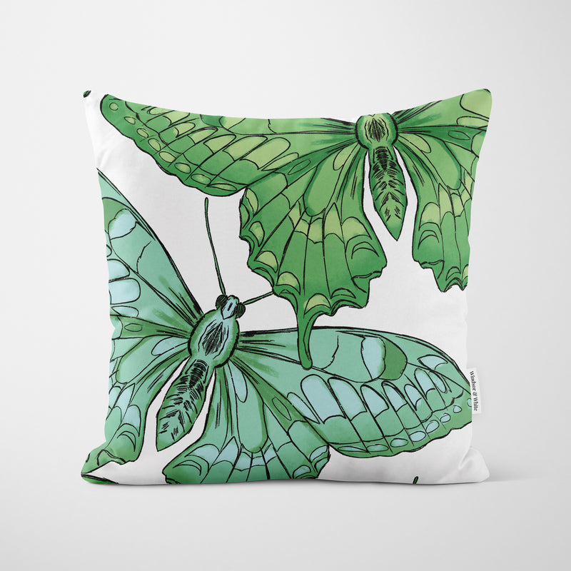 Green Butterflies Cushion - Handmade Homeware, Made in Britain - Windsor and White