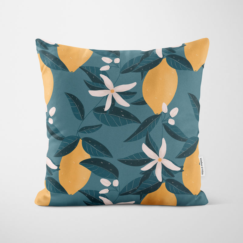 Lemon Tree Flower Print Blue Cushion - Handmade Homeware, Made in Britain - Windsor and White
