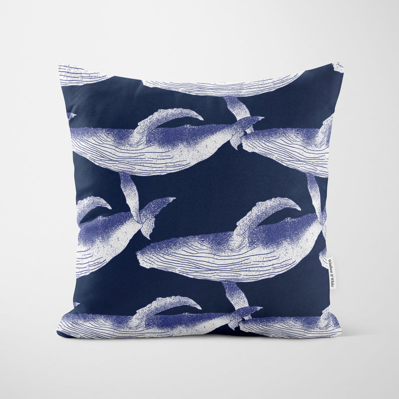 White Whales On Blue Cushion - Handmade Homeware, Made in Britain - Windsor and White
