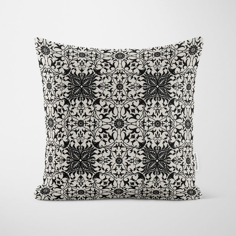 William Morris Ornate Tile Black Cushion - Handmade Homeware, Made in Britain - Windsor and White