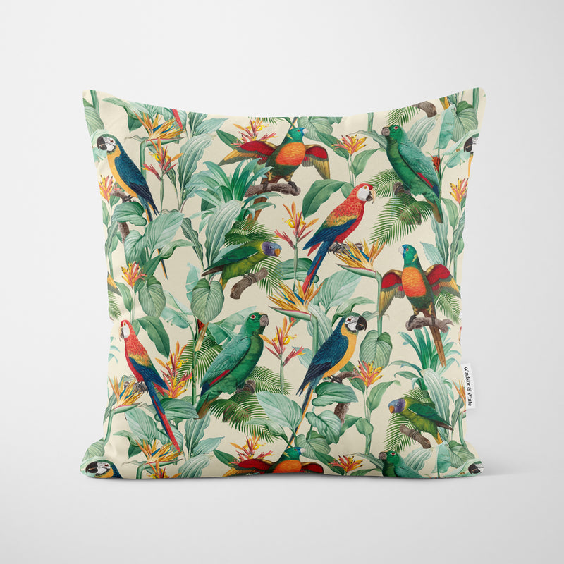 Tropical Birds Beige Cushion - Handmade Homeware, Made in Britain - Windsor and White