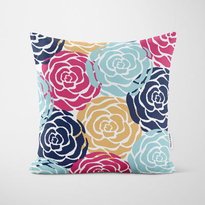 Rose Stamp Blue Gold Cushion - Handmade Homeware, Made in Britain - Windsor and White