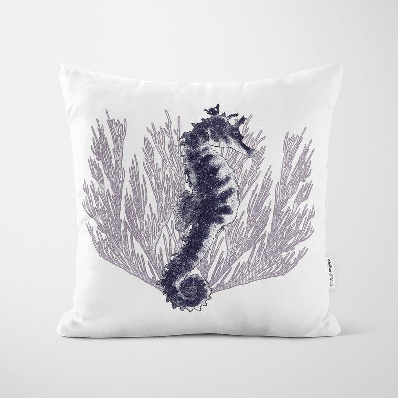 White Seahorse Coral Print Cushion - Handmade Homeware, Made in Britain - Windsor and White