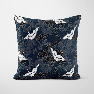Crane & Dragon Pattern Blue Cushion - Handmade Homeware, Made in Britain - Windsor and White