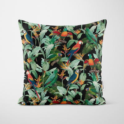 Tropical Birds Black Cushion - Handmade Homeware, Made in Britain - Windsor and White