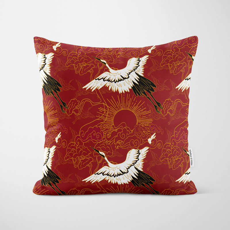 Flying Cranes Red Cushion - Handmade Homeware, Made in Britain - Windsor and White
