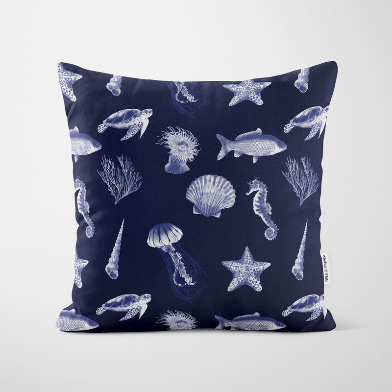 White Sea Life Print Blue Cushion - Handmade Homeware, Made in Britain - Windsor and White